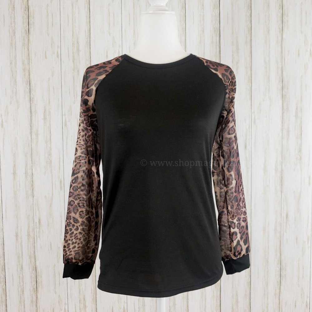 {Unbranded} Leopard Sheer Sleeve Shirt in Black